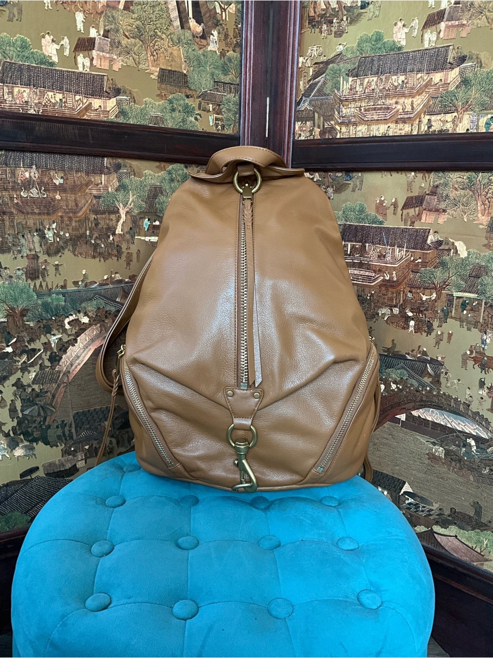 Rebecca Minkoff Leather Julian Backpack in Tan/Cognac.